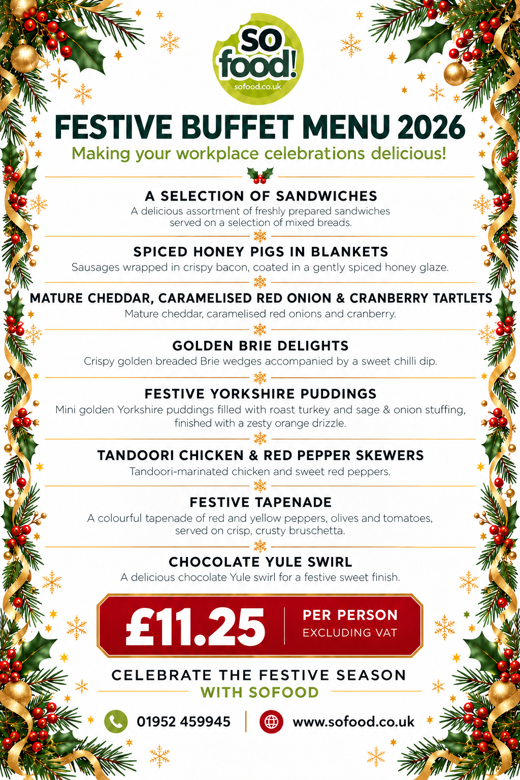 Sofood! Festive Buffet Menu 2026 — £11.25 per person excluding VAT